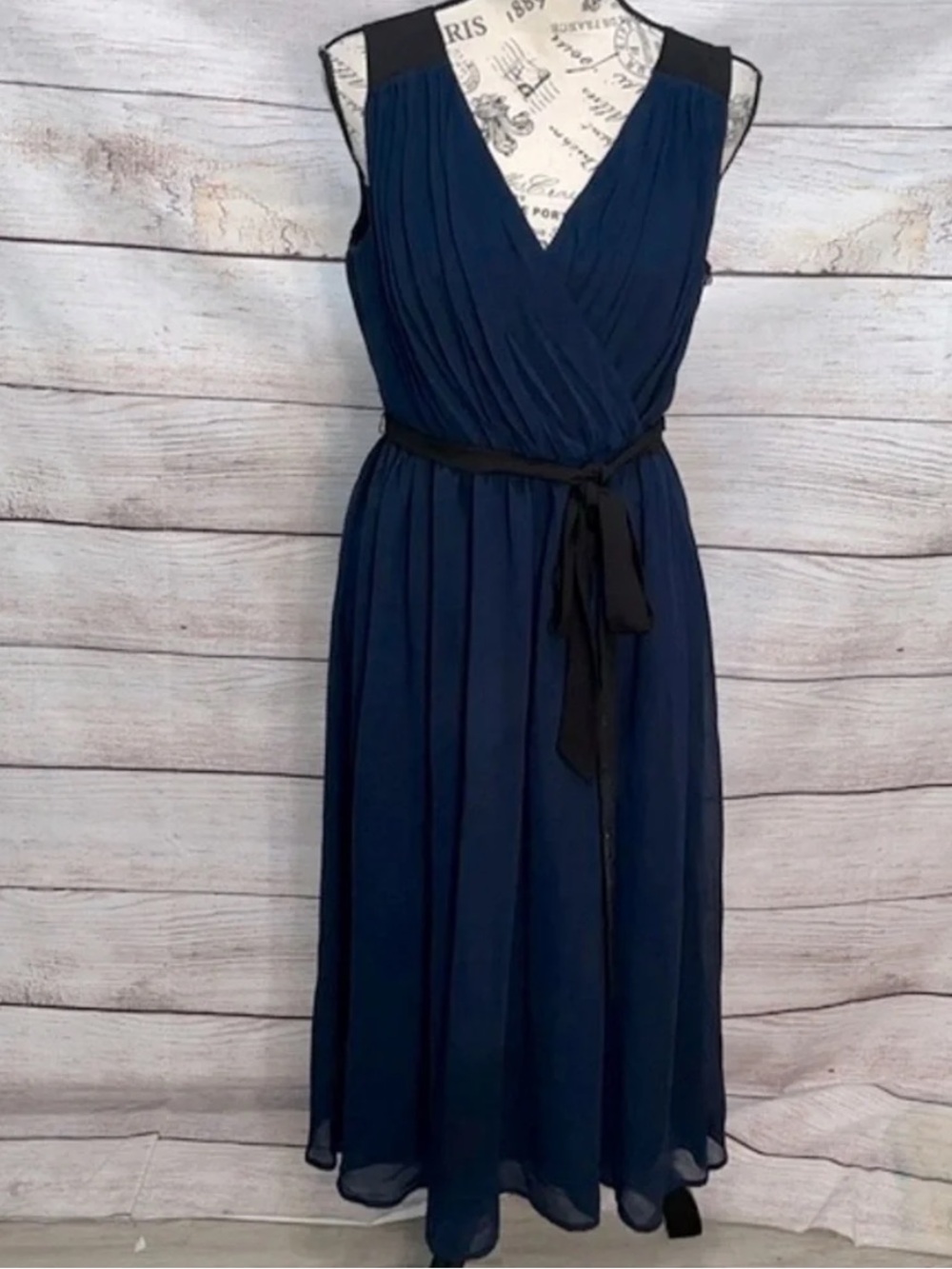 Modcloth Navy Sleeveless V-Neck Midi Dress with Black Tie Waist